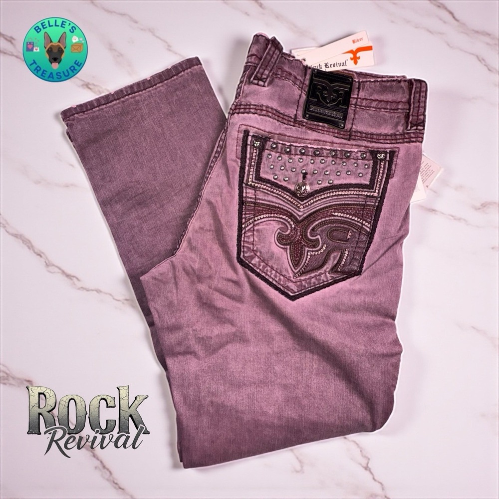 Rock Revival Jeans Reid Biker Mens 42 Burgundy Moto Style Straight Leg Y2K 42x33
